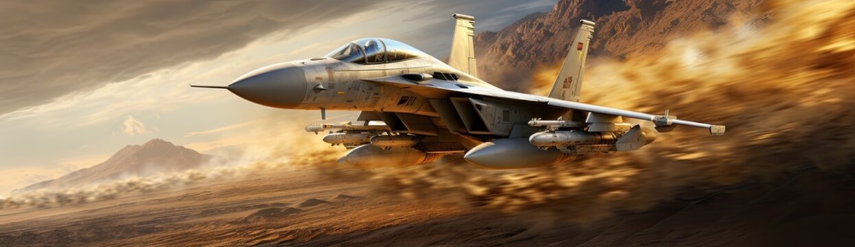 A scene of combat with a fighter jet aircraft amidst explosions in the backdrop.