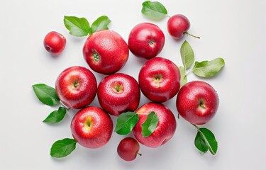 Fresh red apples with leaves isolated on white background,  Concept of healthy eating ,  top view, flat layout