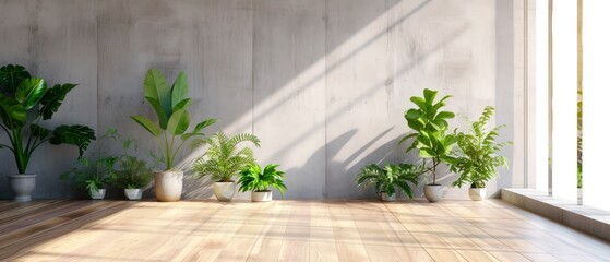 an empty room in a modern contemporary loft, lush green plants arranged on a sleek wooden floor.