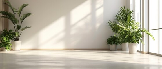 an empty room in a modern contemporary loft, lush green plants arranged on a sleek wooden floor.