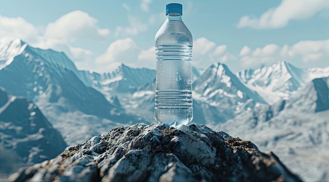 A refreshing bottle of water nestled against a backdrop of majestic mountains, offering hydration during outdoor adventures.