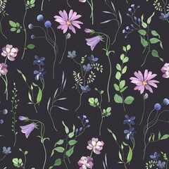 Watercolor floral seamless pattern with blue and purple flowers, green leaves and branches on dark background for textile, wallpapers or backgrounds.