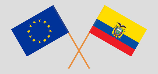 Crossed flags of the European Union and Ecuador. Official colors. Correct proportion