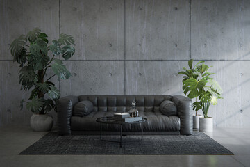 Empty concrete wall with sofa and coffee table on carpet. 3d rendering of abstract interior space.