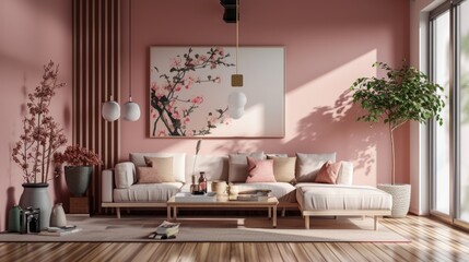 Fototapeta na wymiar Zen Pink Loft: Modern Minimalist Living Room with Plant Decor