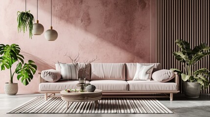 Zen Pink: Minimalist Living Room with Contemporary Design.