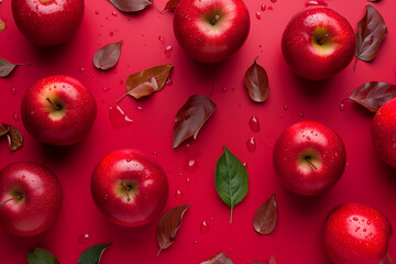 Top view of bright ripe fragrant red apples with water drops. Creative fruits composition. Close up of Beautiful red whole apples glistering with dew water droplet. flat lay top view. seamless