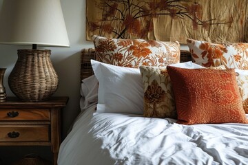 Autumnal Home Comfort: Cozy Bedroom Interior with Brown and White Beddings, Wicker Lamp, and Wooden Bedside Table