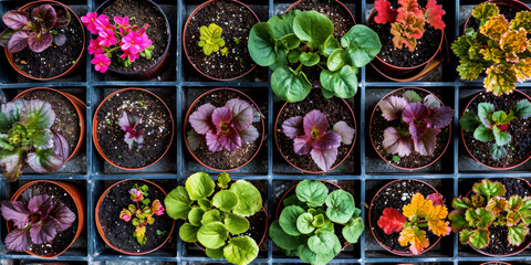 variety of colorful garden flower seedlings in plastic pots. plant nursery. top view