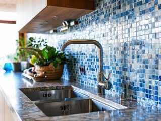 Classic Kitchen Style with Modern Mosaic Backsplash and Elegant Gold Faucet
