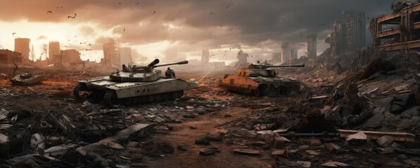 The chaos of a war zone is depicted with billowing clouds of fire and smoke, symbols of destruction and conflict.