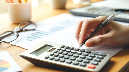 Hand using a calculator on a desk with blank paper, emphasizing a minimalist approach to budgeting and financial calculations