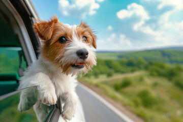 Dog travel by car. Dog enjoying road trip. happy dog with head out of the car window having fun. dog riding in car and looking out from car window. Happy dog enjoying life. Dog adventure.