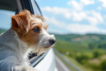Dog travel by car. Dog enjoying road trip. happy dog with head out of the car window having fun. dog riding in car and looking out from car window. Happy dog enjoying life. Dog adventure.