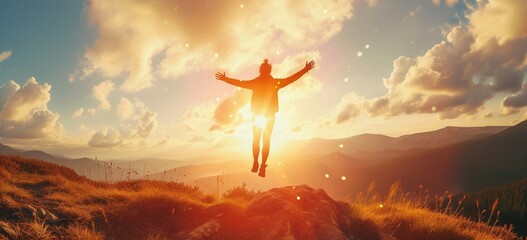 A person jumps in the air with their hands up, exuding happiness and vibrant energy, sunset.