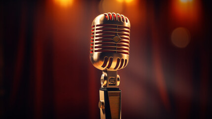 Soft lights casting a glow behind the microphone