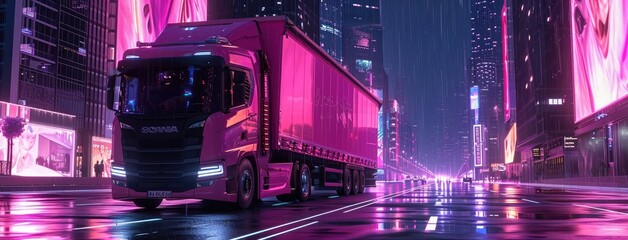 A modern truck container traversing the road in a nighttime logistics transport scene, symbolizing the bustling movement of goods.