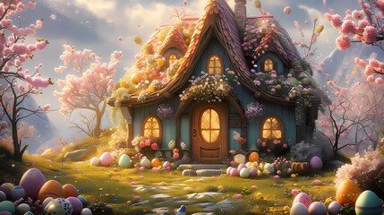 cute fantasy theme easter house graphic drawing style with easter eggs laying around - obrazy, fototapety, plakaty