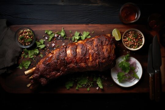 Puerto Rican Pernil on counter top. Overhead view.