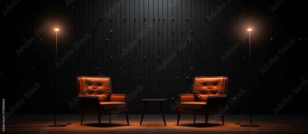 Poster a setup featuring two chairs in a podcast or interview room, inviting dialogue and conversation.