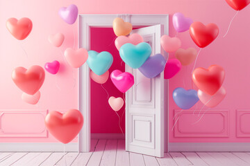 Multicolored heart-shaped balloons fly out of the door against a pink wall, surprise Valentine's Day greeting, birthday, wedding, baby shower