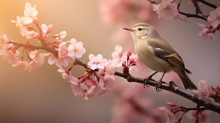 Fototapeta premium bird singing in the breeze on blooming tree
