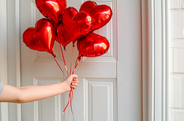 Hand holding red heart shaped balloons on door background. surprise for Valentine's Day greeting, birthday, wedding
