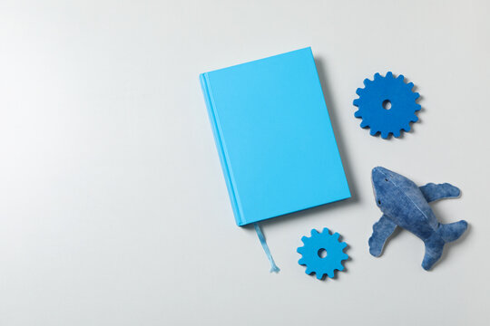 Blue children's book, with toys, on a white background.