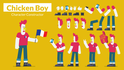 Team supporter Chicken Boy concept - Cartoon character creation set, constructor. Different views and projections, emotions, postures and gestures. Vector flat infographic