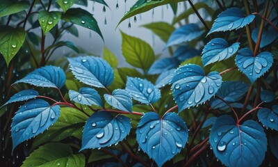 a captivating scene where the vibrant blue leaves of a plant glisten with water droplets after a heavy rain