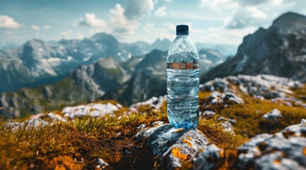 The simple pleasure of a bottle of water amidst the breathtaking scenery of mountain landscapes, providing refreshment during hikes.