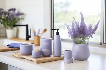 Immaculately arranged kitchen featuring exquisite and stylish lavender soap dispensers