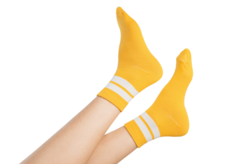 Woman wearing colorful socks on isolated white background.