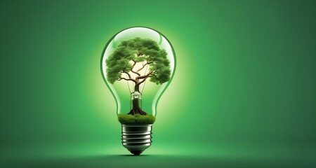 Light bulb with a tree inside it on a green background. The image is a symbol of growth and ecological problems.