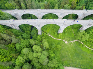Aerial view of old concrete railway bridges in Stanczyki, Mazury, Poland