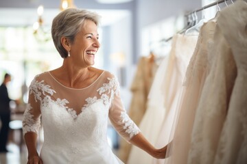 A cheerful mature bride enjoys a fitting session in a bridal boutique, radiating happiness and style.