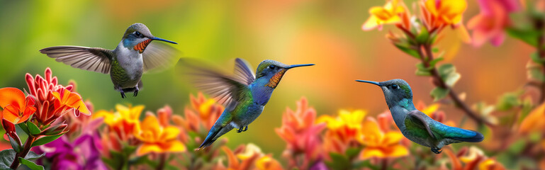 bird of paradise flowers. Hummingbird in flight. rare hummingbird birds flying beautiful colorful flowers in jungle. Action feeding scene in green tropical forest, in nature habitat. 