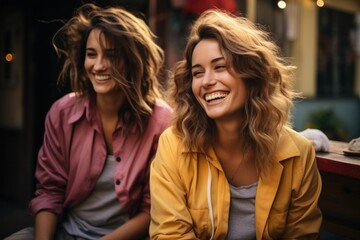 Fototapeta premium Playful and pretty friends, two young women, laugh and enjoy a happy meeting in the city.