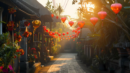 blured picture view of traditional balinese village with wooden house and foot path decorated with valentine decoration red lantern - obrazy, fototapety, plakaty