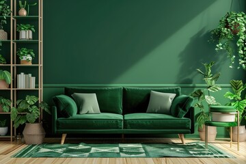 Green sofa and chair against green wall with book shelf. Scandinavian home interior design of modern living room with greenery