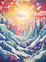 Psychotropic Peak: Abstract Psychedelic Patterns Snow-Capped Mountain Print with Chilly Swirls and Frozen Trance