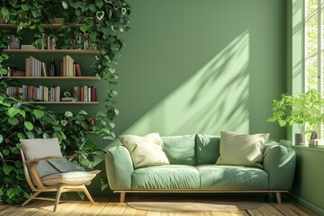 Green sofa and chair against green wall with book shelf. Scandinavian home interior design of modern living room with greenery