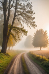 Fototapeta premium Scenic calm foggy morning in the countryside with weak sunlight