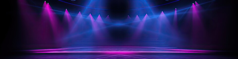 The dark stage show empty dark blue purple pink background with a neon light, clear stand