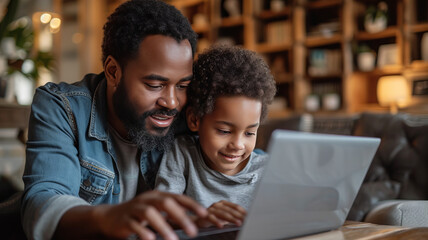 Father and son doing homework with laptop at home. generative ai