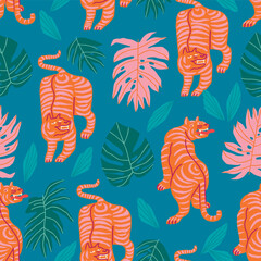 Tigers with tropical jungle leaves on the green blue background seamless pattern. Vector illustration. - 720090218