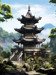 Obraz premium Modern Landscape: Asian Pagoda Landscapes with Updated Oriental Temple Designs