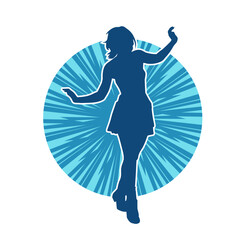 Silhouette of a female dancer wearing mini skirt in action pose. Silhouette of a slim woman dancing happily.