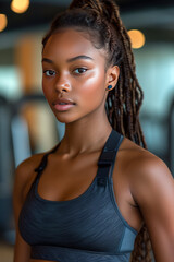 Fototapeta na wymiar Portrait of a young black woman using a sport smart watch exercising in a gym, generative ai