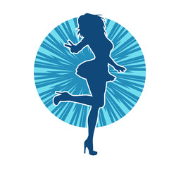 Silhouette of a female dancer wearing mini skirt in action pose. Silhouette of a slim woman dancing happily.